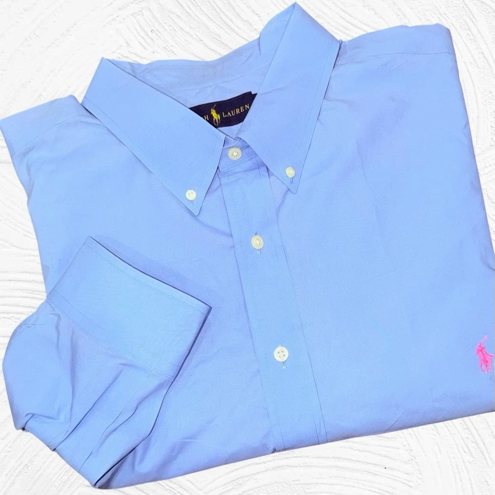 Polo Ralph Lauren Shirt Mens 3XB Blue Cotton Button Down Pink Pony Long Sleeve